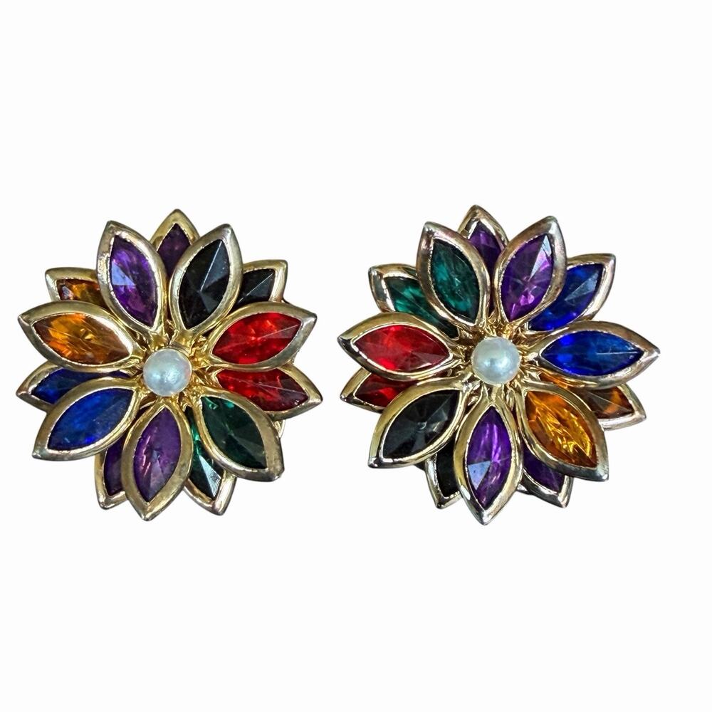 Vintage Multicolor Marquise Rhinestone Flower Earrings Faux Pearl Gold Tone